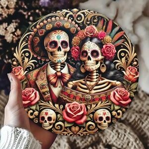 NWT Day of the Dead Sugar Skull Couple Tin Home Wall Decor Sign!